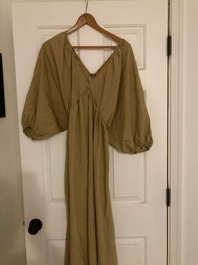 H&M Olive Maxi Dress with Puff Sleeves